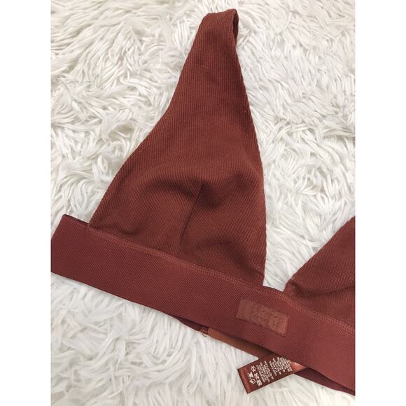 SKIMS Triangle Plunge Bralette Bone Brown Sz Large Ribbed Stretch Lounge Comfort - Picture 3 of 5